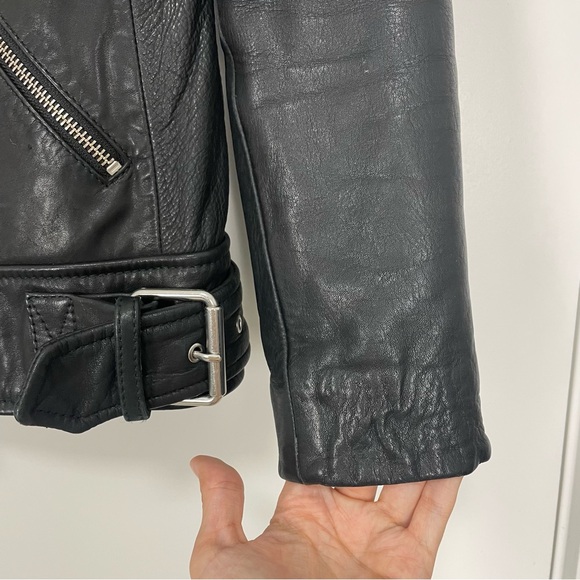 SOLD // All Saints Sherwood Leather Biker Jacket w/ Faux Fur Trim Size Small - Picture 8 of 14
